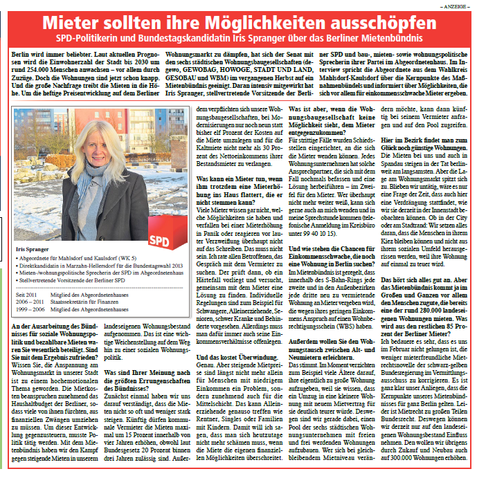 Iris Spranger im Gespräch Quelle:  Die Hellersdorfer, Ausgabe April 2013